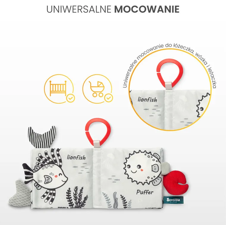 Sensillo, Black & white, książeczka materiałowa, delfin