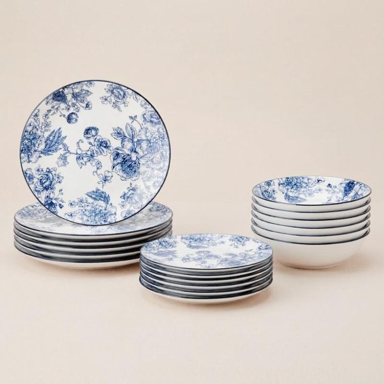 Siaki, Glamt, zestaw ozdobnych talerzy porcelanowych z nadrukiem kwiatowym, 18 elementów