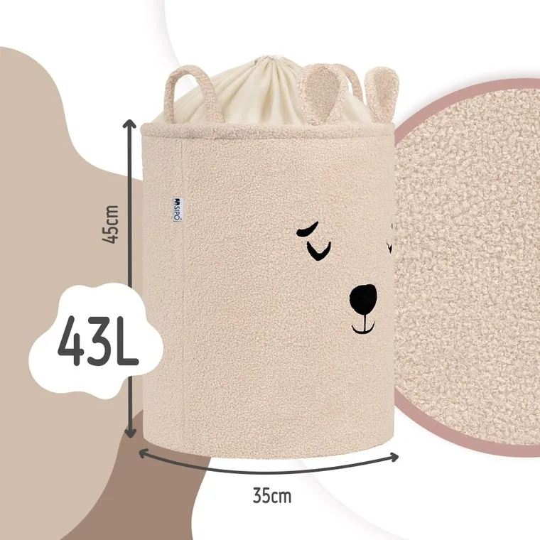 Sipo, Miś, kosz na zabawki XL, premium boucle, zamykany na ściągacz, beżowy