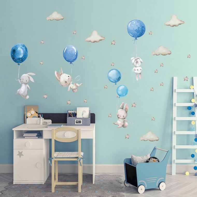 Sipo, naklejki na ścianę do pokoju dziecięcego, Króliczki i niebieskie balony