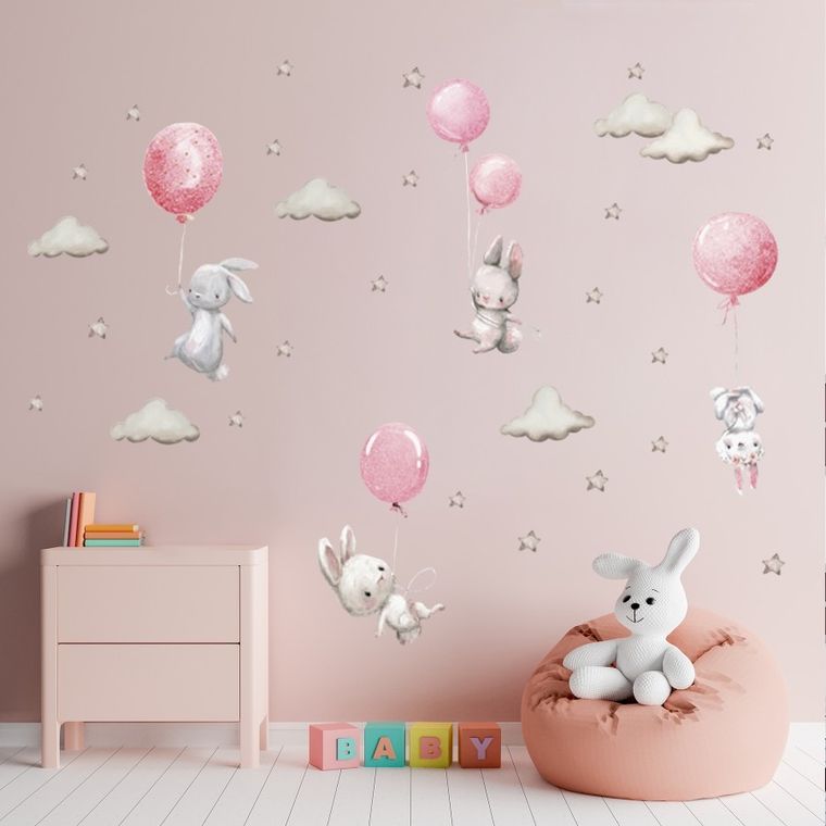 Sipo, naklejki na ścianę do pokoju dziecięcego, Króliczki i różowe balony