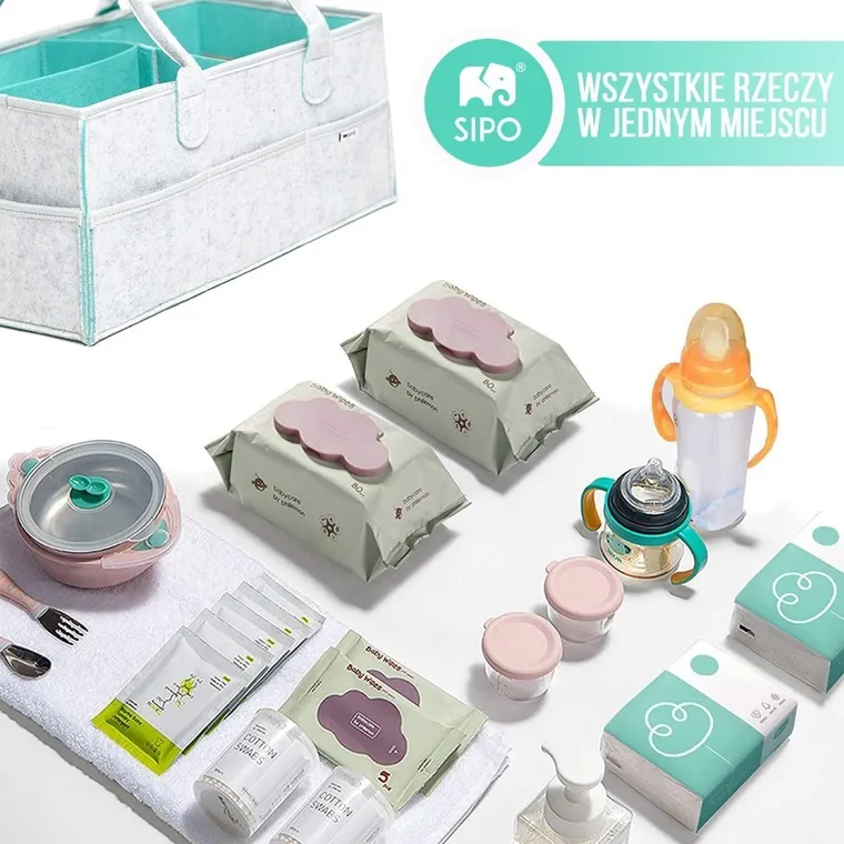 Sipo, organizer na pieluszki i akcesoria niemowlęce dla mamy i dziecka, szaro-miętowy