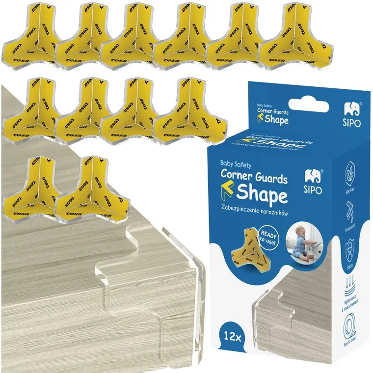 Sipo, zestaw silikonowych, transparentnych zabezpieczeń narożników mebli, kształt T, 12 szt.