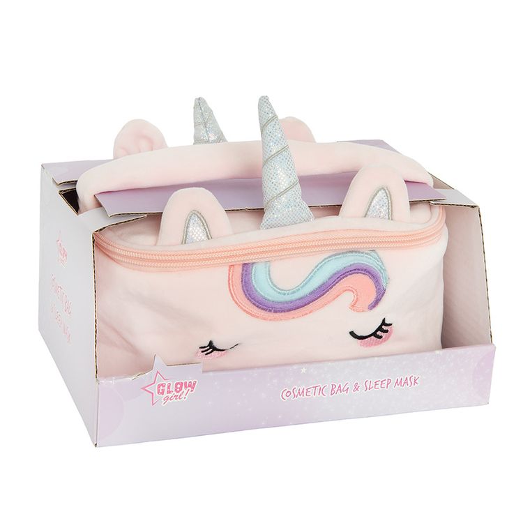 Smiki, Glow Girl, pluszowa kosmetyczka z opaską na oczy, jednorożec