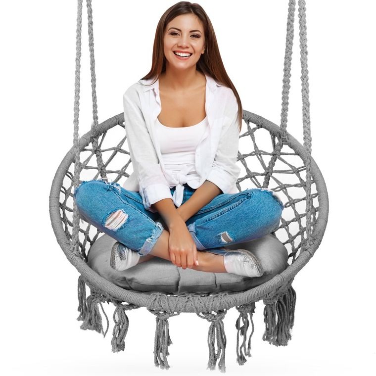 Sofotel, fotel wiszący z poduszką, boho, szary