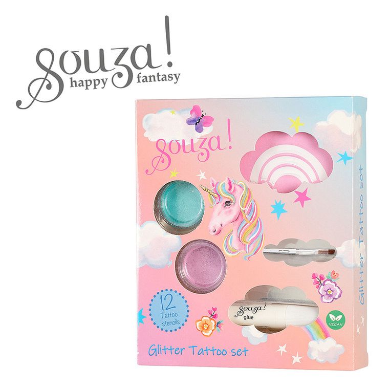 Souza! Jednorożec, tatuaże brokatowe z szablonami, 12 elementów