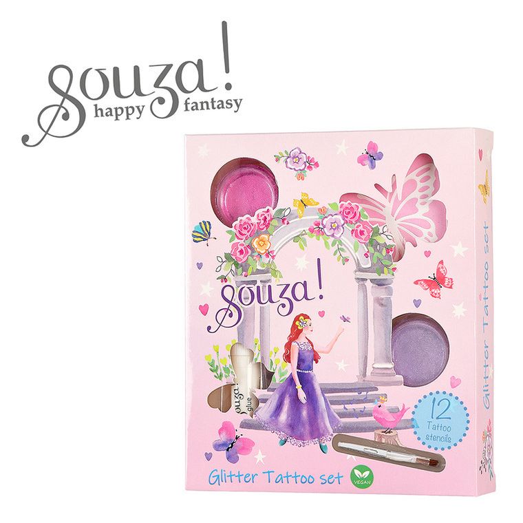 Souza! Księżniczka, tatuaże brokatowe z szablonami, 12 elementów