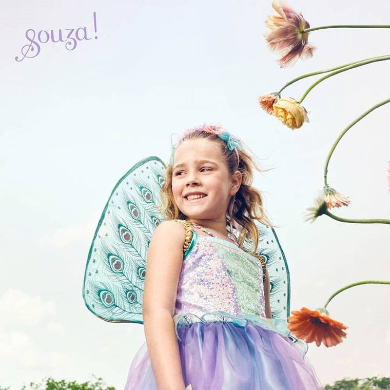 Souza! Wróżka Tamara, sukienka i skrzydła w pawie pióra, strój, 8-10 lat