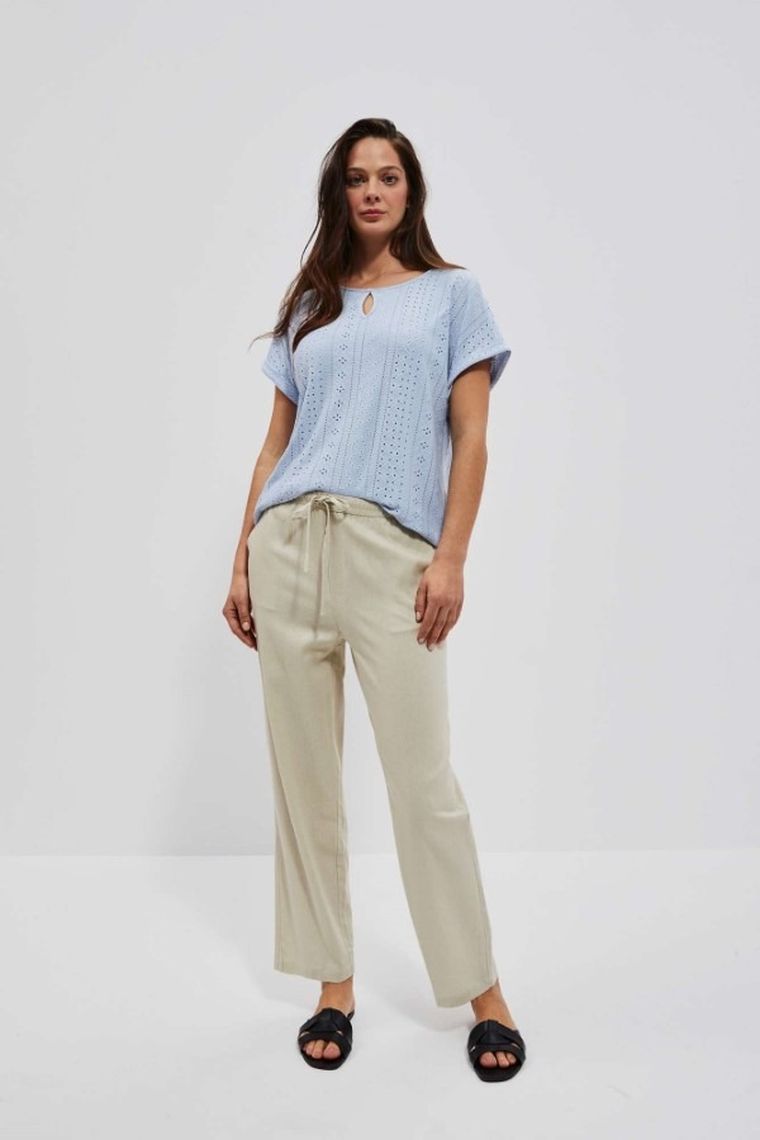 Spodnie materiałowe damskie z lnem, beżowe, Moodo