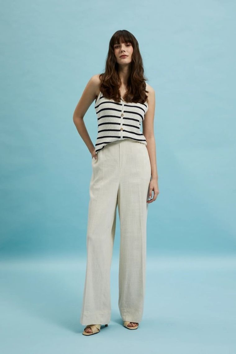 Spodnie materiałowe damskie z lnem, beżowe, Moodo