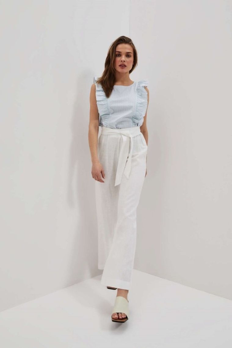 Spodnie materiałowe damskie z lnem, białe, Moodo