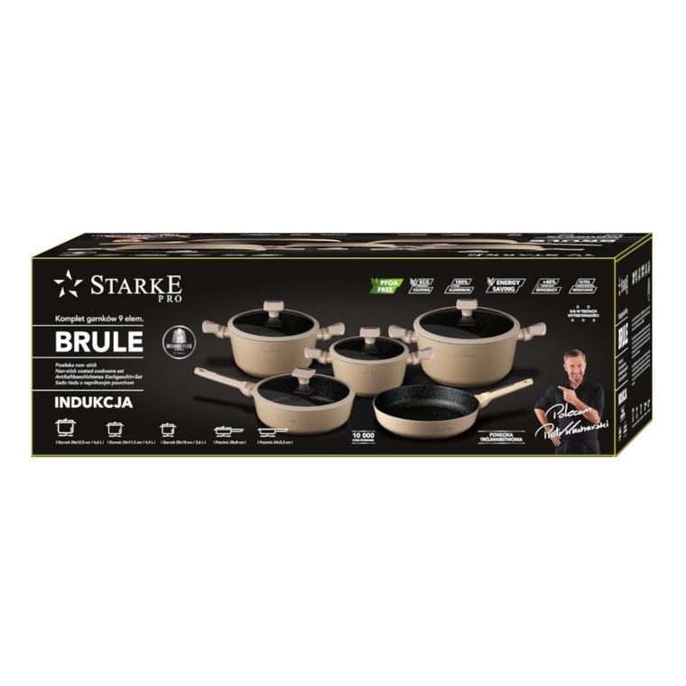Starke Pro, Brule, zestaw garnków z pokrywką i patelnią, 9 elementów