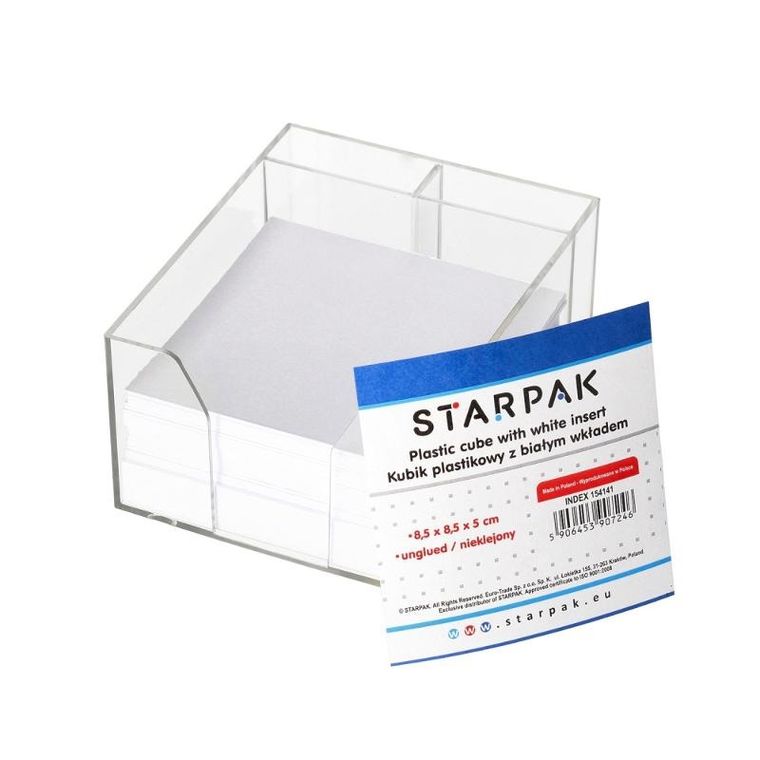 Starpak, kubik plastikowy z białymi karteczkami, 85-85mm