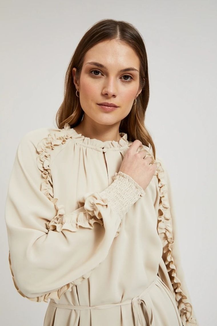 Sukienka damska z długim rękawem, beżowa, Moodo