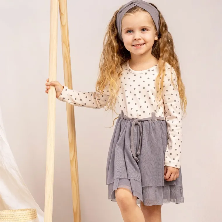 Sukienka dziewczęca z długim rękawem, różowo-szara, Nicol