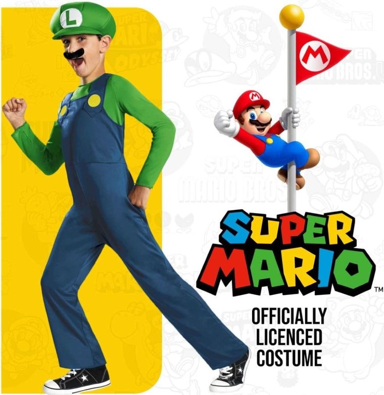 Super Mario, strój karnawałowy, Luigi, 109-126 cm, 4-6 lat