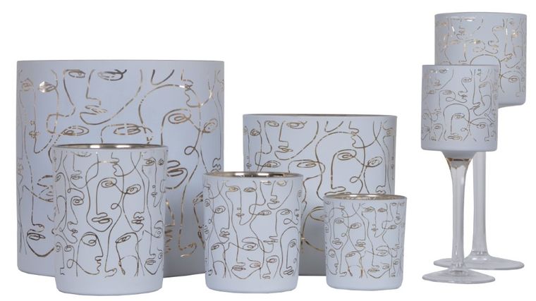 Świecznik szklany w twarze, biały, 15-15-15 cm