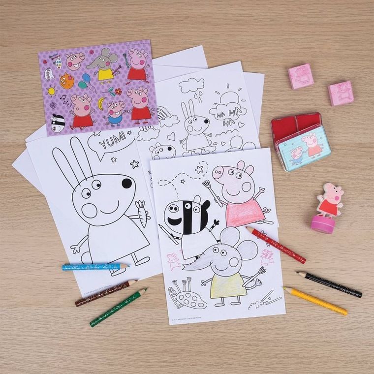 Świnka Peppa, zestaw kreatywny, kolorowanki, naklejki i stempel, figurka 2D, 21 elementów