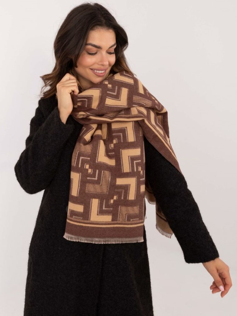 Szalik damski z wełną, brązowy, Italy Moda