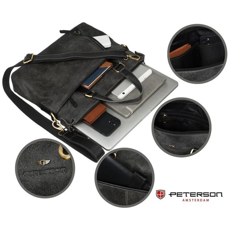 Torba na laptopa, czarna, skórzana, Peterson