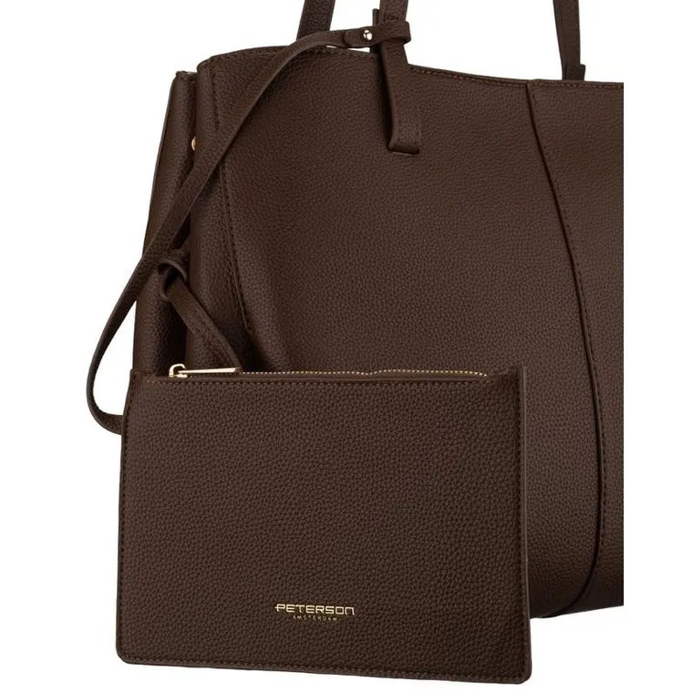 Torebka shopper z etui, brązowa, skóra ekologiczna, Peterson