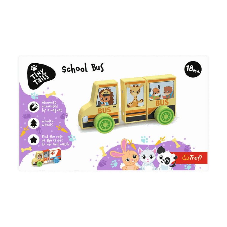 Trefl, autobus szkolny, drewniany pojazd magnetyczny