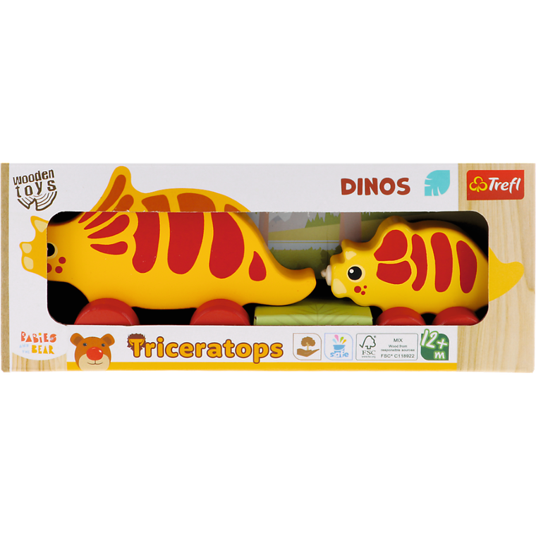 Trefl, Bobaski i Miś, Dinos, Triceratops, drewniana zabawka do ciągnięcia