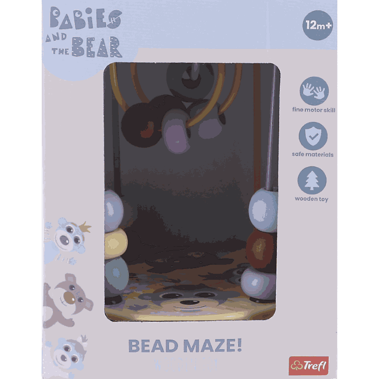 Trefl, Bobaski i Miś, labirynt z koralików, przyjaciele, zabawka drewniana