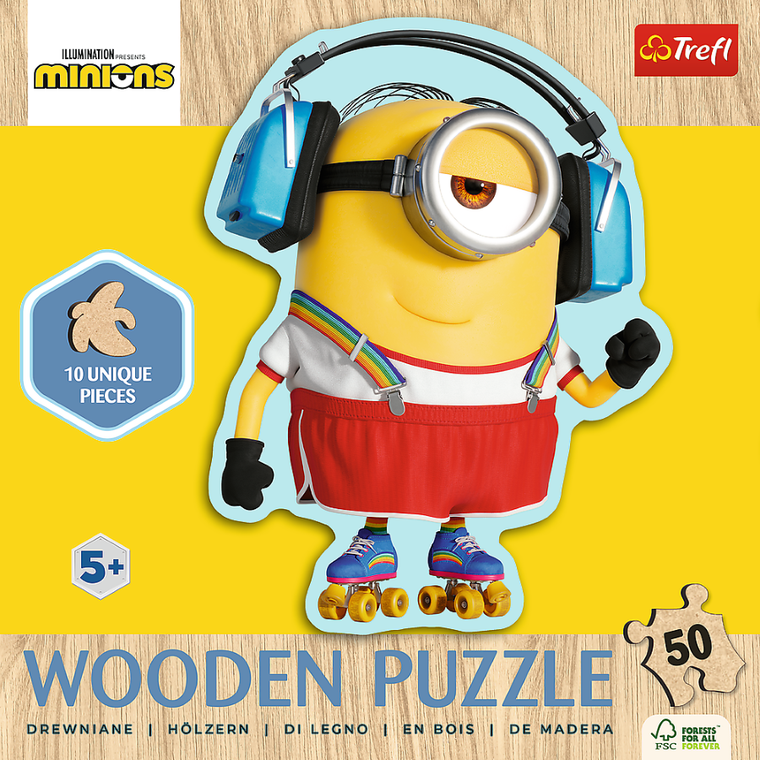 Trefl, Despicable Me 4, Szalony Minionek, drewniane puzzle konturowe, 50 elementów