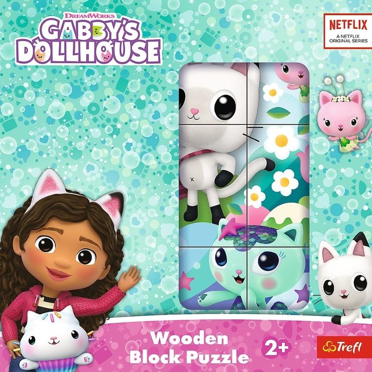Trefl, Koci Domek Gabi, drewniana układanka klockowa, 9 elementów
