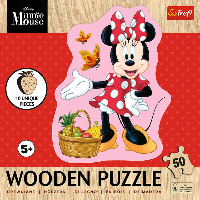 Trefl, Myszka Minnie, Wesoła Minnie, puzzle drewniane konturowe, 50 elementów