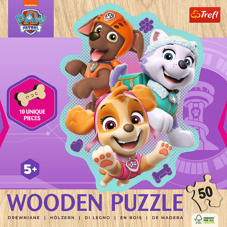Trefl, Psi Patrol, Wesoła gromadka piesków, puzzle drewniane konturowe, 50 elementów