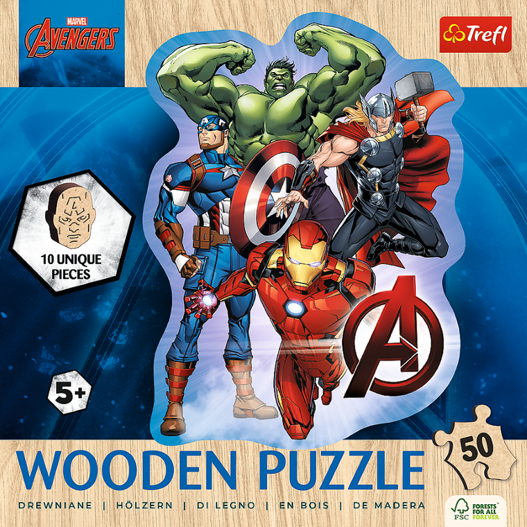 Trefl, The Avengers, Przygody Avengers, puzzle drewniane konturowe, 50 elementów