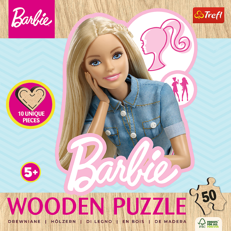 Trefl, Ulubiona modna Barbie, drewniane puzzle konturowe, 50 elementów