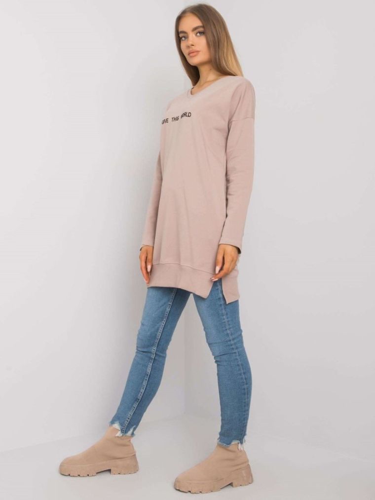 Tunika damska z długim rękawem, beżowa, Rue Paris