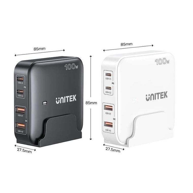 Unitek, ładowarka biurkowa, GAN 100W 2XUSB-A 2XUSB-C, czarna