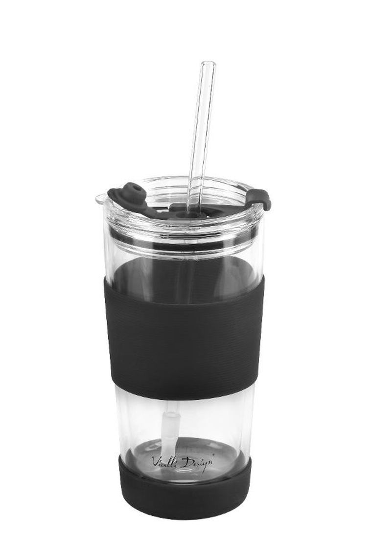 Vialli Design, kubek termiczny szklany ze słomką, 600 ml, czarny Fuori