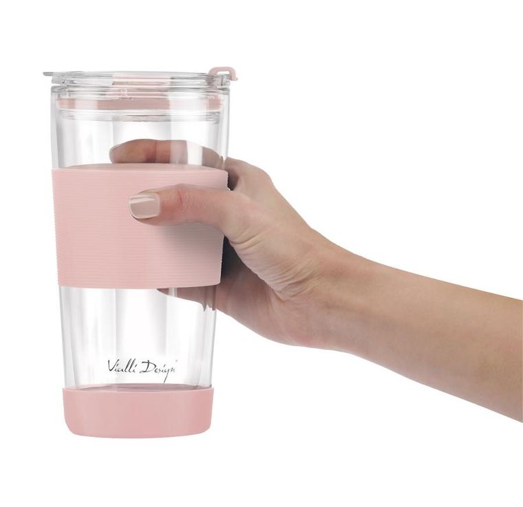 Vialli Design, kubek termiczny szklany ze słomką, 600 ml, różowy Fuori
