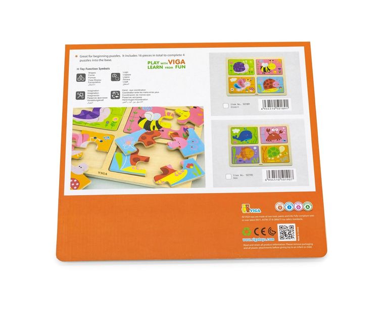 Viga, owady, puzzle drewniane na podkładce, 4w1, 16 elementów