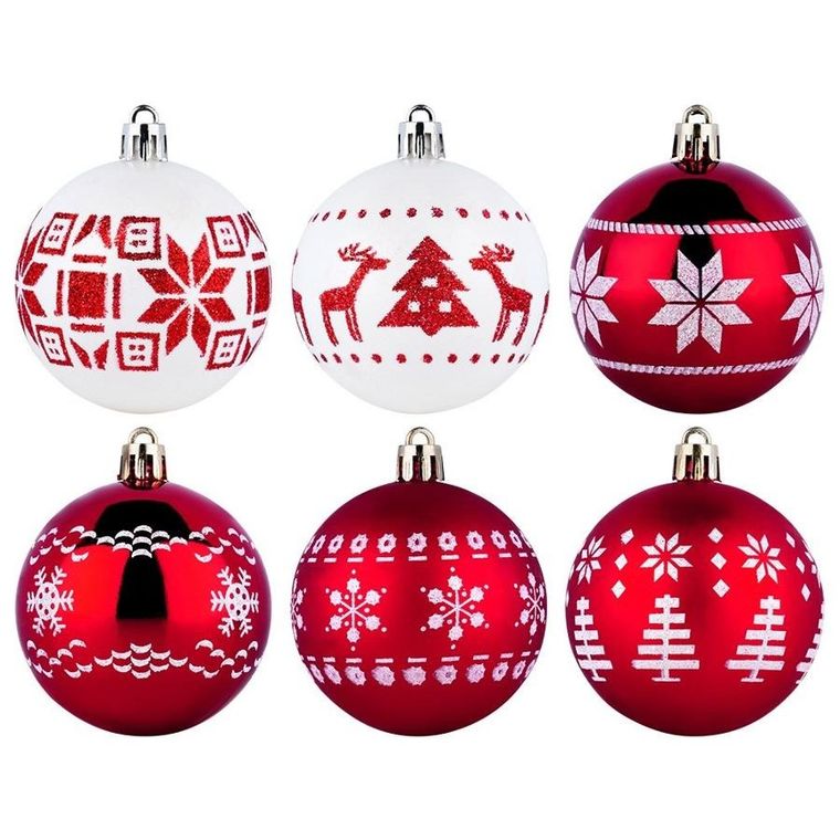 Vilde, bombki choinkowe, nietłukące, czerwone, białe, 6 cm, 30 szt.