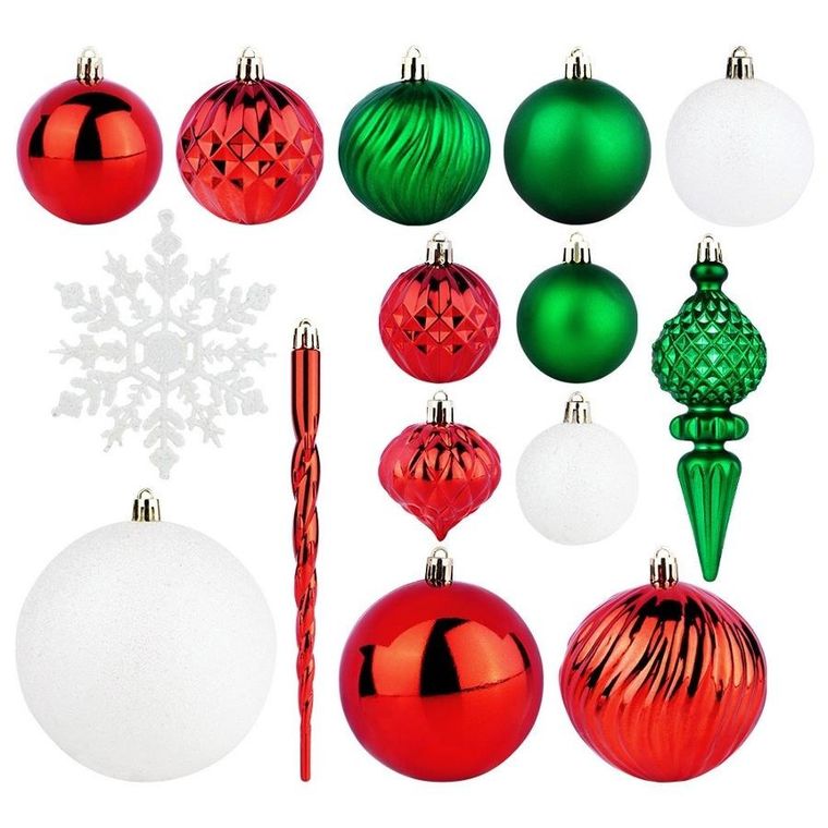Vilde, bombki choinkowe nietłukące, czerwone, zielone, białe, 57 szt.
