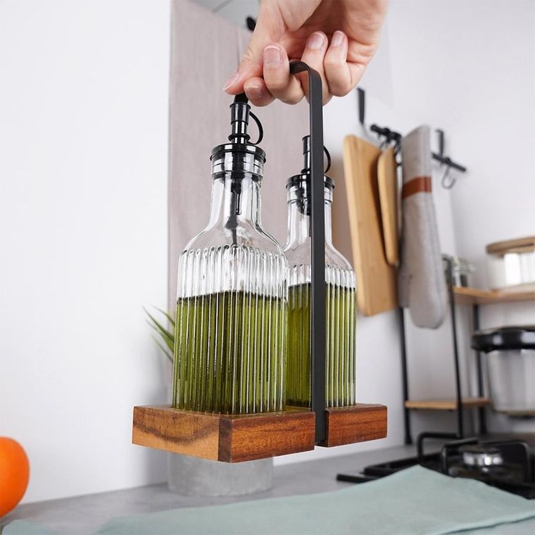 Vilde, butelka na oliwę i ocet, szklana ze stojakiem, 190 ml, 3 elementy