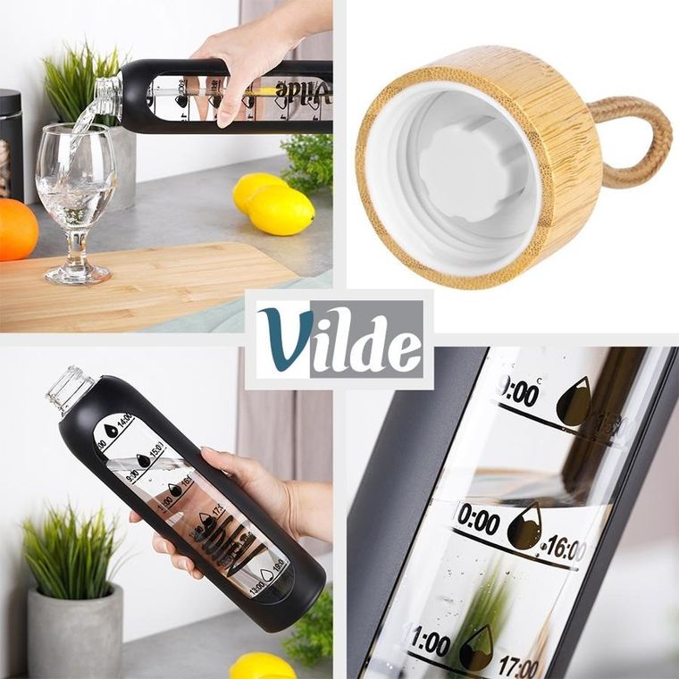 Vilde, butelka na wodę, szklana z silikonowym pokrowcem, czarna, 1l
