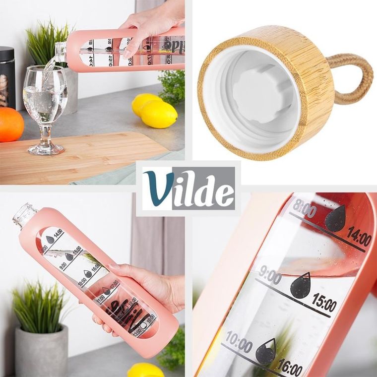 Vilde, butelka na wodę, szklana z silikonowym pokrowcem, łososiowa, 1l