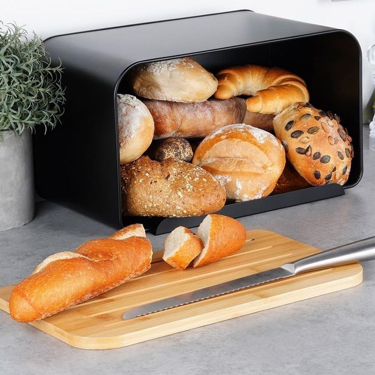 Vilde, chlebak metalowy z deską bambusową, czarny, 35-22-20,5 cm