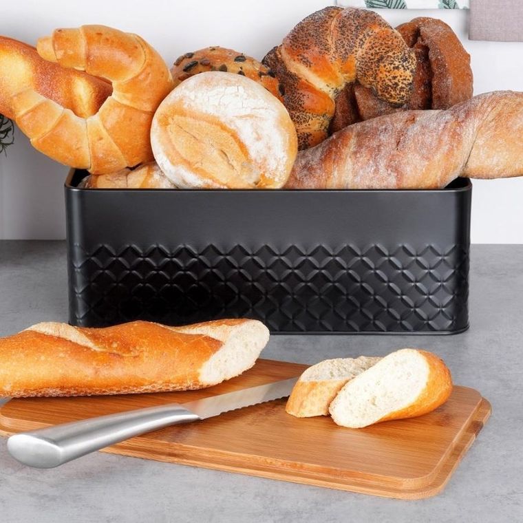 Vilde, chlebak metalowy z deską drewnianą, czarny, 33,5-18,5-12,5 cm