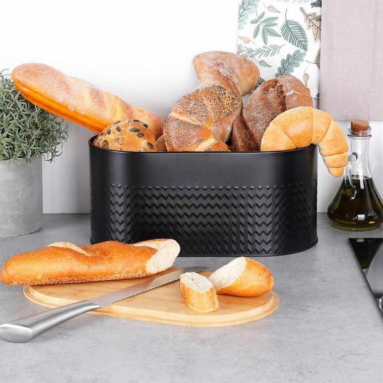 Vilde, chlebak stalowy z deską drewnianą, czarny, 34-18,5-15,5 cm