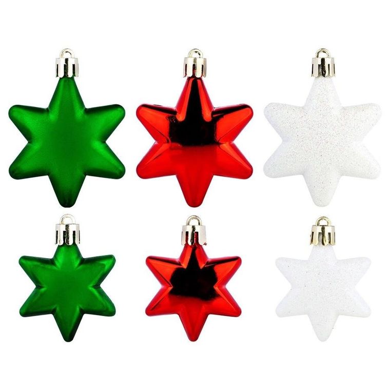 Vilde, Gwiazdki, bombki choinkowe nietłukące, czerwone, zielone, białe, 6/5 cm, 16 szt.