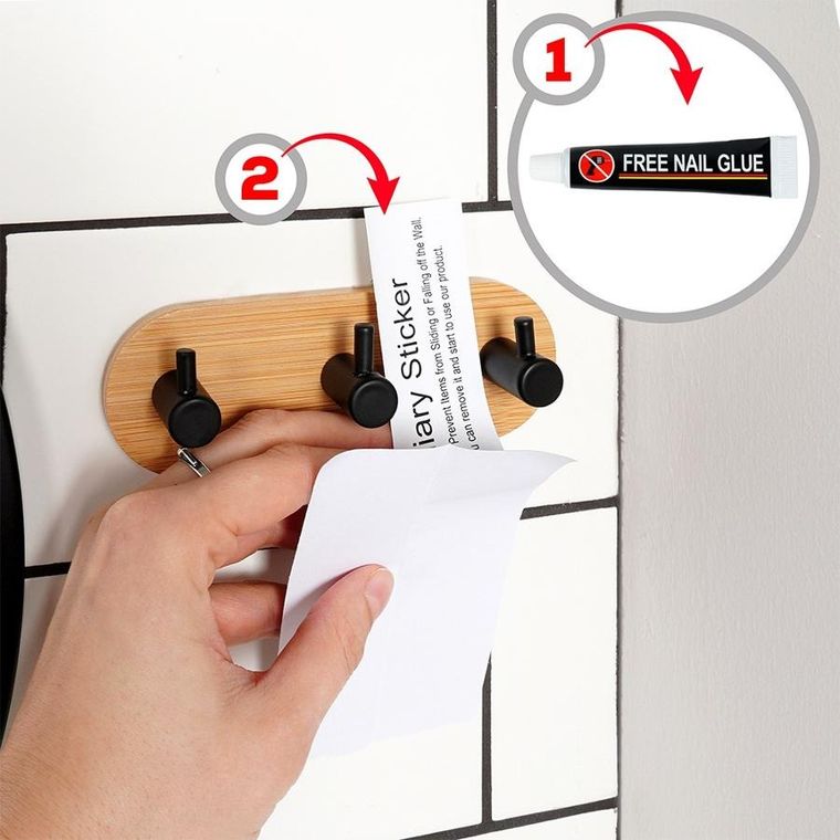 Vilde, haczyk, wieszak samoprzylepny, drewniany, metalowy, czarny, potrójny, 14-3,5-5 cm