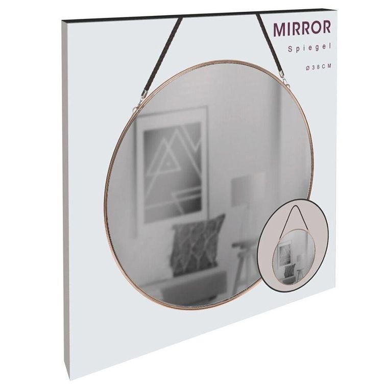 Vilde, lustro ścienne okrągłe, do zawieszenia, miedziane, metalowa rama, 38 cm